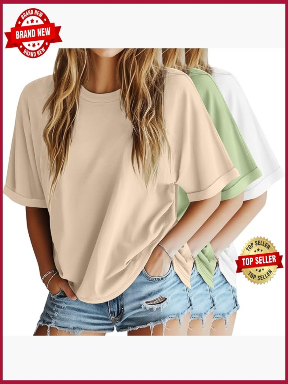 Oversized T-Shirt 3 Pack Loose Fit Summer Tees Half Sleeve